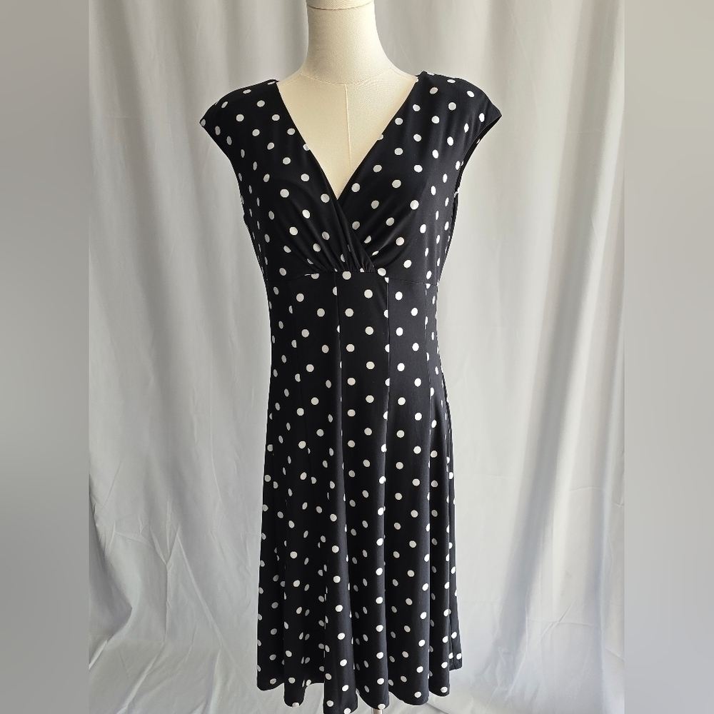 Lauren Ralph Lauren Black Dress White Polka Dots Surplice Neck Cap Sleeve Sz. 8